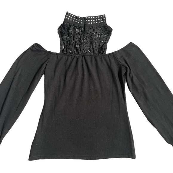 NWOT CHICME BLACK LONG SLEEVE MOCKNECK BLOUSE W/ BLING, LACE AND COLD SHOULDERS - Picture 6 of 8